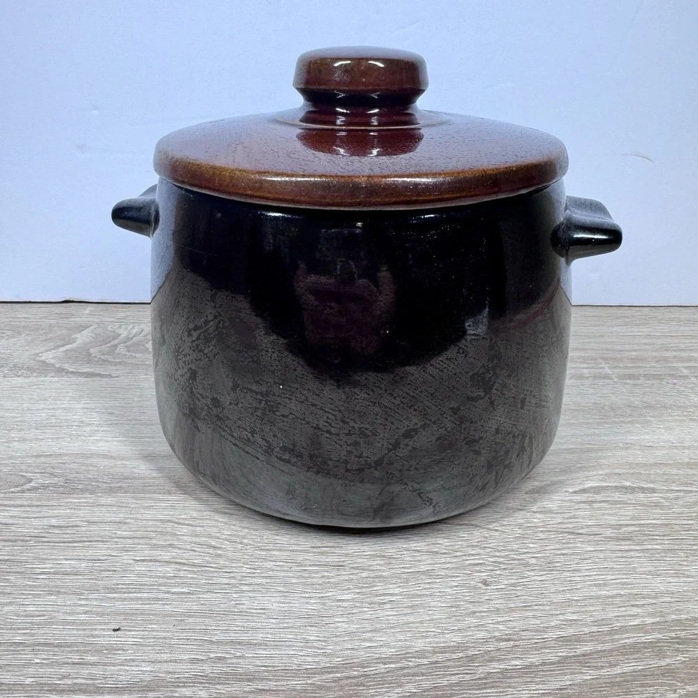West Bend Bean Pot Stock Pot with Lid Brown Glazed Stoneware USA